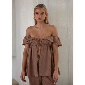Sabo Kala Top Off Shoulder Tie Front Ruffle Peplum Crinkle Chocolate Brown Large